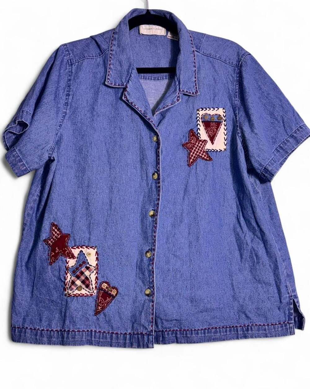 Lemon Grass Vintage Denim Patchwork Star Heart Button Down Shirt XL